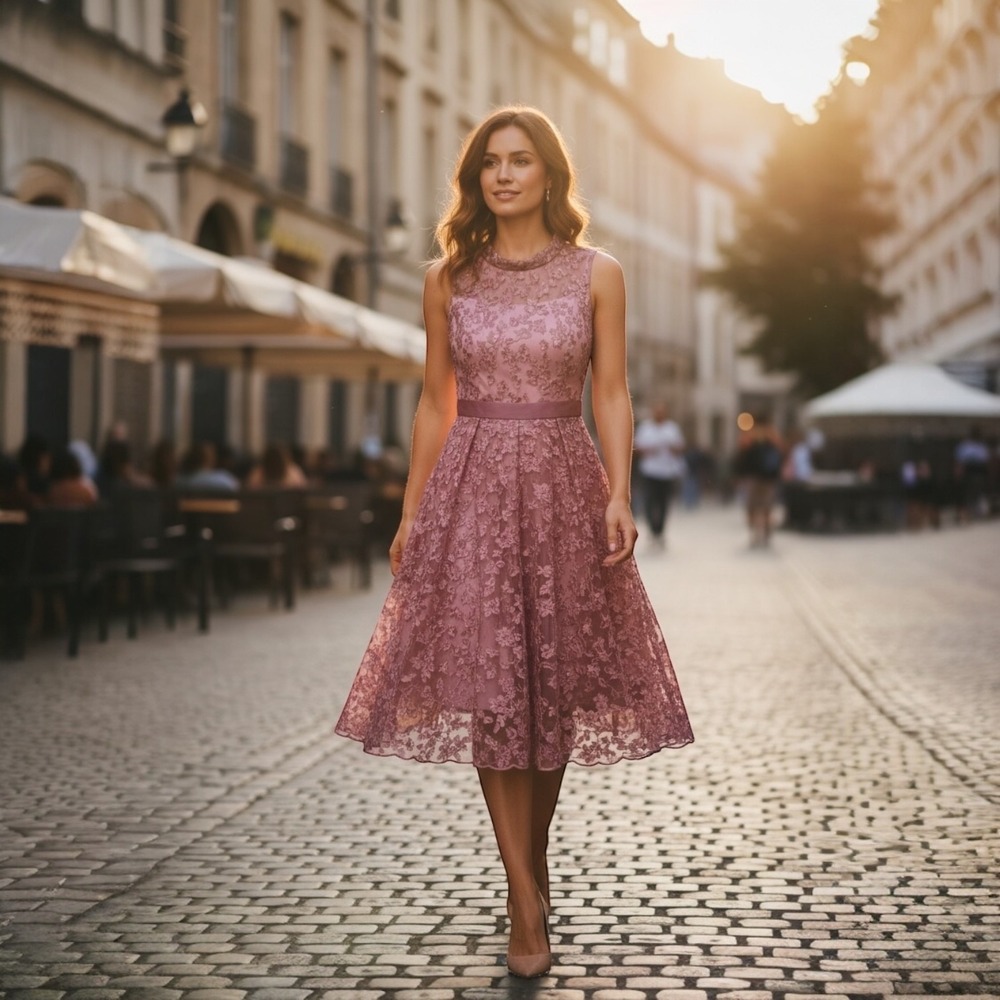 Eva Mendes Pink Lace A-Line Tea Dress